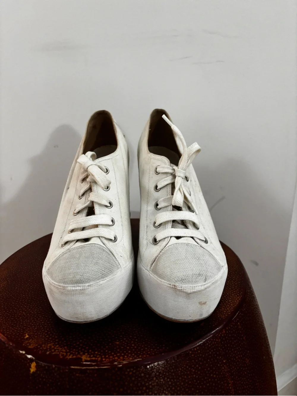 Dries Van Noten White Canvas Platform Lace-Up Wedges